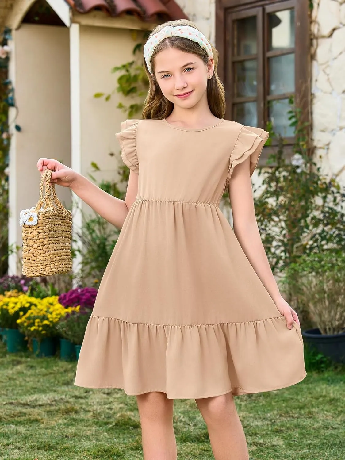 Haloumoning Girls Dresses Kids Summer Double Layer Ruffle Sleeve Dress 5-14 Years