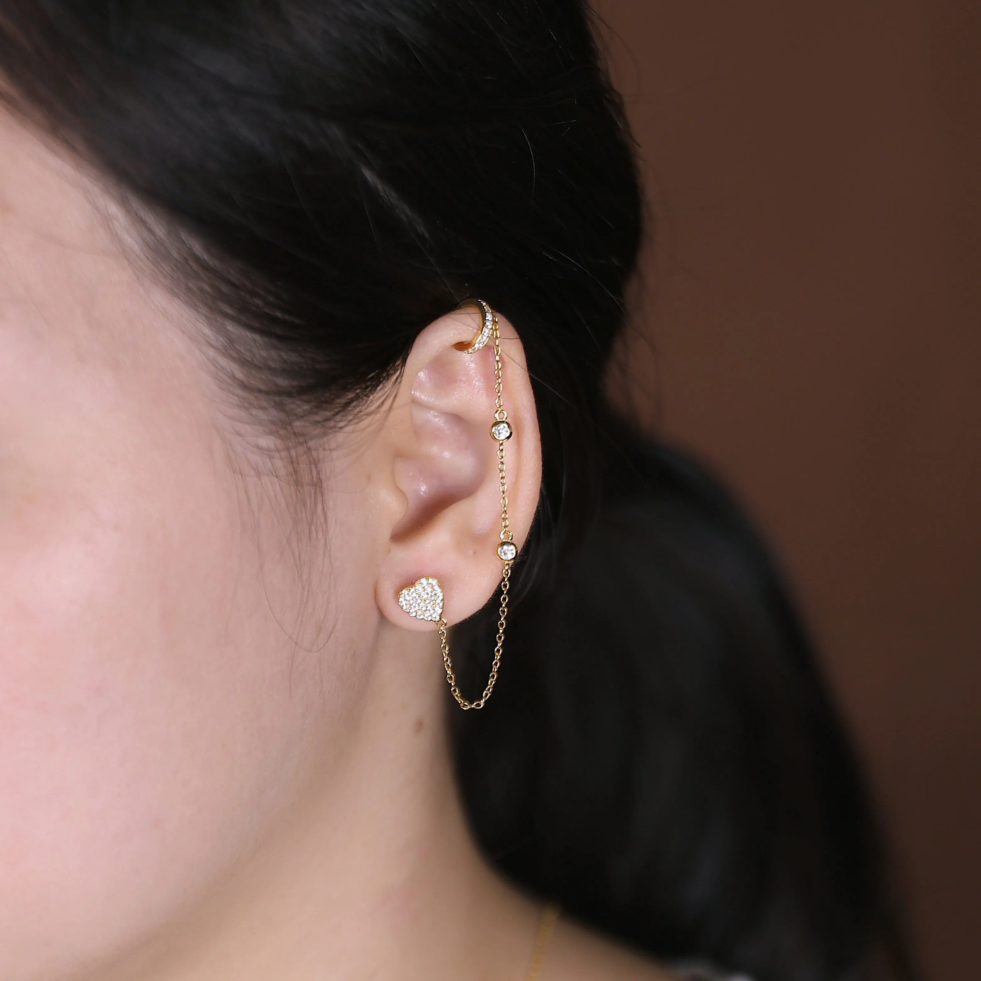 Heart Shaped Ear Cuff Cartilage Wrap Earring CZ Stud Helix Gold Plated Silver
