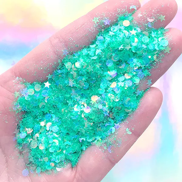 Iridescent Moon and Star Confetti and Glitter Powder Mix | Kawaii Resin Craft Supplies | Nail Decoration (Green / 2 grams)