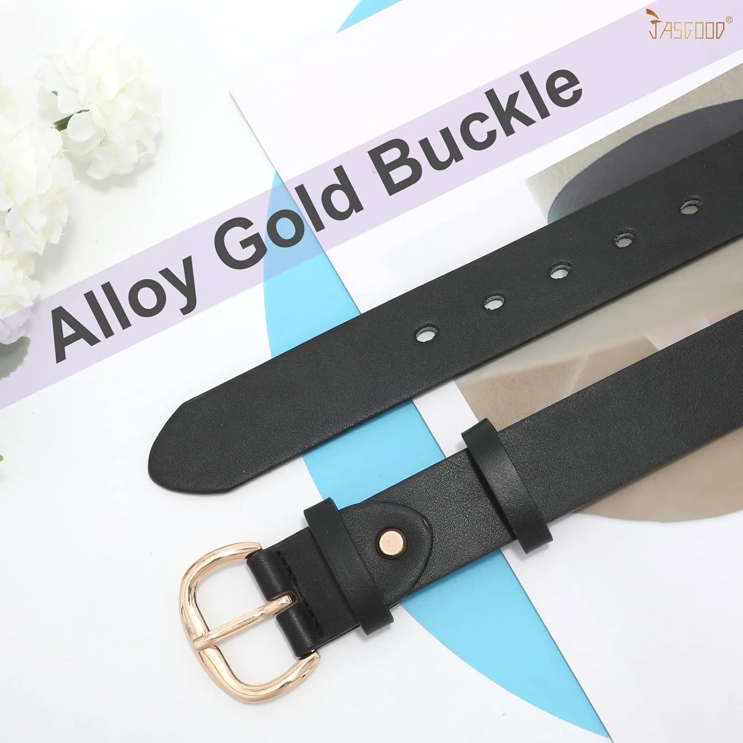 JASGOOD Women Leather Belt for Jeans Pants Gold Buckle Lady Casual Dress Waist Belt