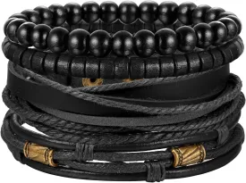 Jstyle 4Pcs Braided Leather Bracelet for Women Mens Cuff Bead Bracelet Set Adjustable Black And Brown