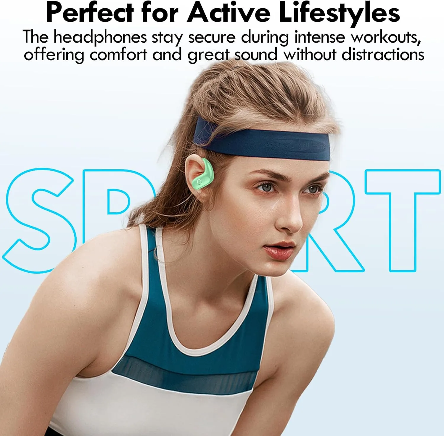 kurdene Wireless Earbuds Bluetooth Headphones Sport,Over Ear Buds with Deep Bass Sound,60Hrs Playtime Earphones Redesigned Comfort Fit with Earhooks for Running,Meeting,Workout-Mint Green