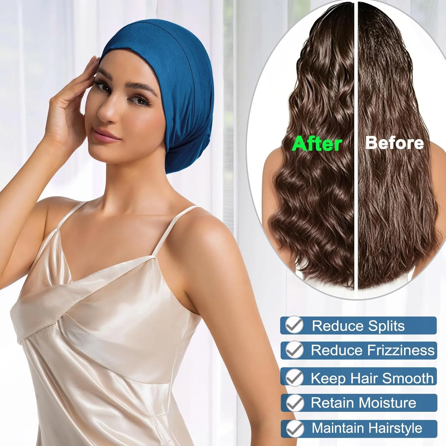 Large Sleep Cap Bonnet for Sleeping Black Women, Adjustable Cooling Ice Silk Lined Bonnet for Curly Hair Braids Beanie Hat