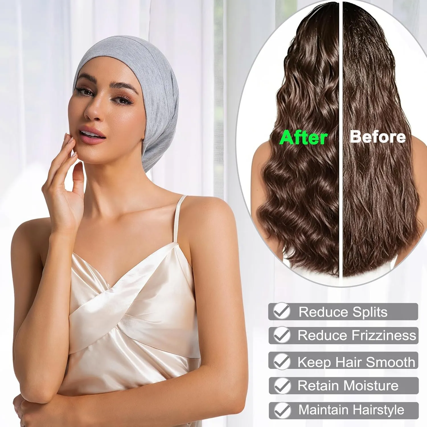 Large Sleep Cap Bonnet for Sleeping Black Women, Adjustable Cooling Ice Silk Lined Bonnet for Curly Hair Braids Beanie Hat