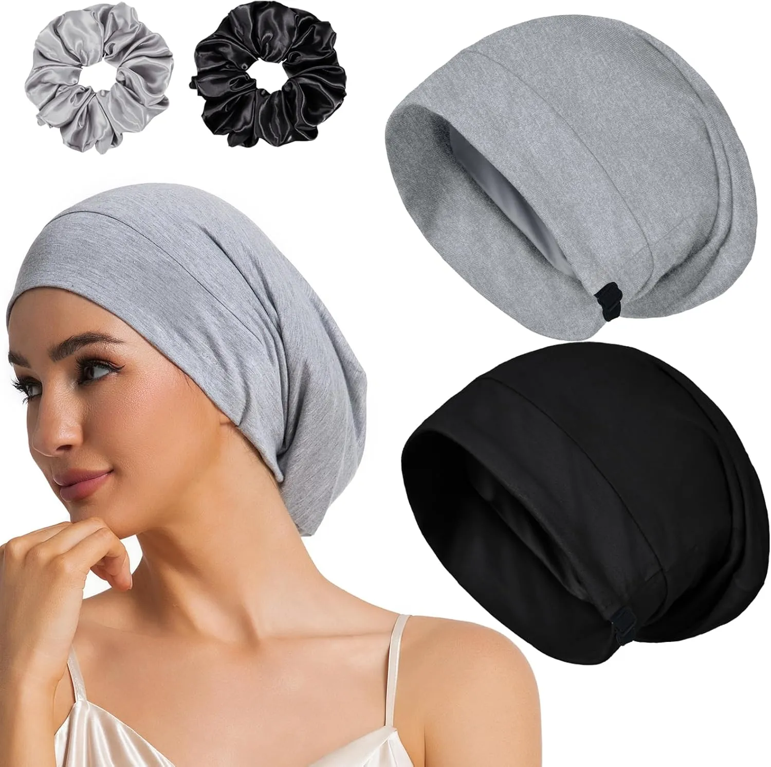 Large Sleep Cap Bonnet for Sleeping Black Women, Adjustable Cooling Ice Silk Lined Bonnet for Curly Hair Braids Beanie Hat