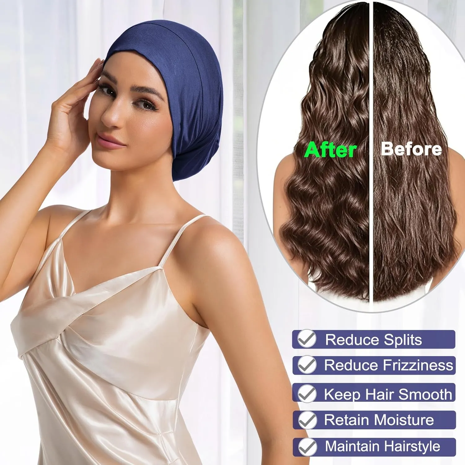 Large Sleep Cap Bonnet for Sleeping Black Women, Adjustable Cooling Ice Silk Lined Bonnet for Curly Hair Braids Beanie Hat
