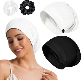 Large Sleep Cap Bonnet for Sleeping Black Women, Adjustable Cooling Ice Silk Lined Bonnet for Curly Hair Braids Beanie Hat