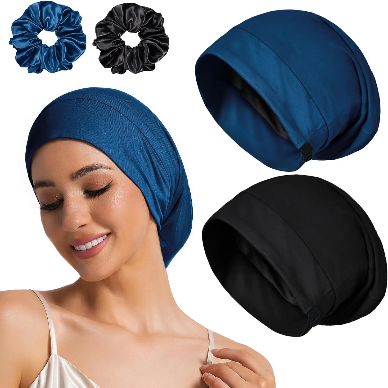 Large Sleep Cap Bonnet for Sleeping Black Women, Adjustable Cooling Ice Silk Lined Bonnet for Curly Hair Braids Beanie Hat