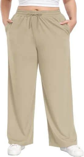 Lastshe Women's Plus Size Casual Pants Elastic Waist Wide Leg Loose Fit Pajama Drawstring Home Pants with Pockets