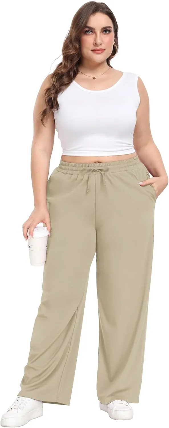 Lastshe Women's Plus Size Casual Pants Elastic Waist Wide Leg Loose Fit Pajama Drawstring Home Pants with Pockets