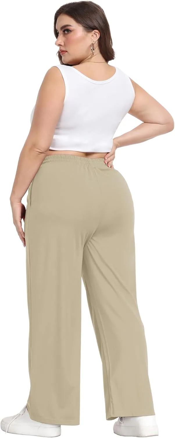 Lastshe Women's Plus Size Casual Pants Elastic Waist Wide Leg Loose Fit Pajama Drawstring Home Pants with Pockets