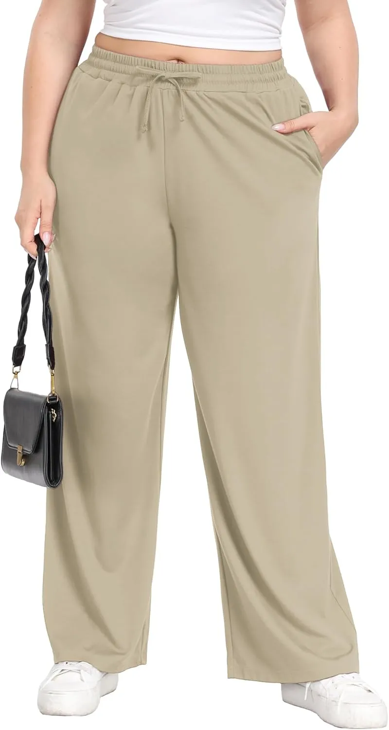 Lastshe Women's Plus Size Casual Pants Elastic Waist Wide Leg Loose Fit Pajama Drawstring Home Pants with Pockets