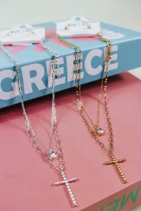 Layered Cross Charm Crystal Necklace -2 Colors