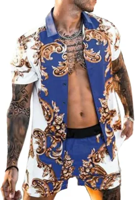 Men's Hawaiian Sets Short Sleeve Luxury Print Casual Button Down Dress Shirt Top and Shorts