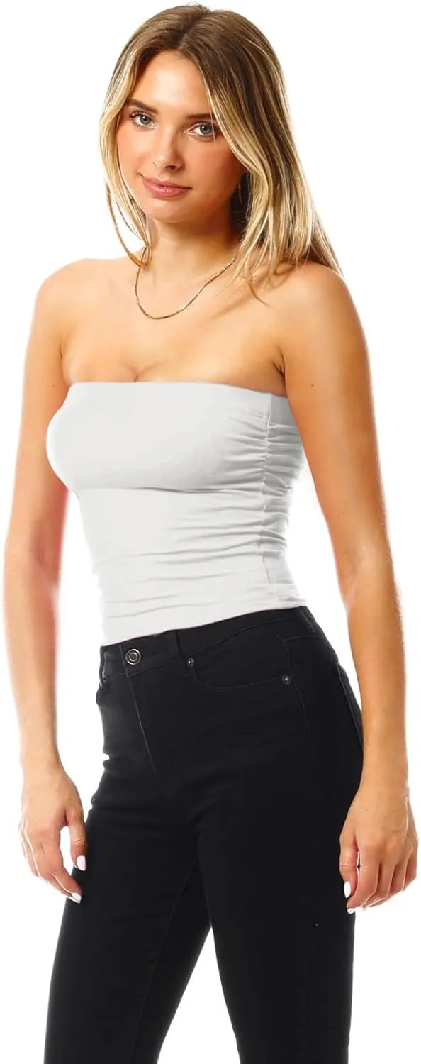MixMatchy Women's 3 Pack Casual Summer Ruched Side Backless Double Layered Tube Top with Built in Shelf Bra
