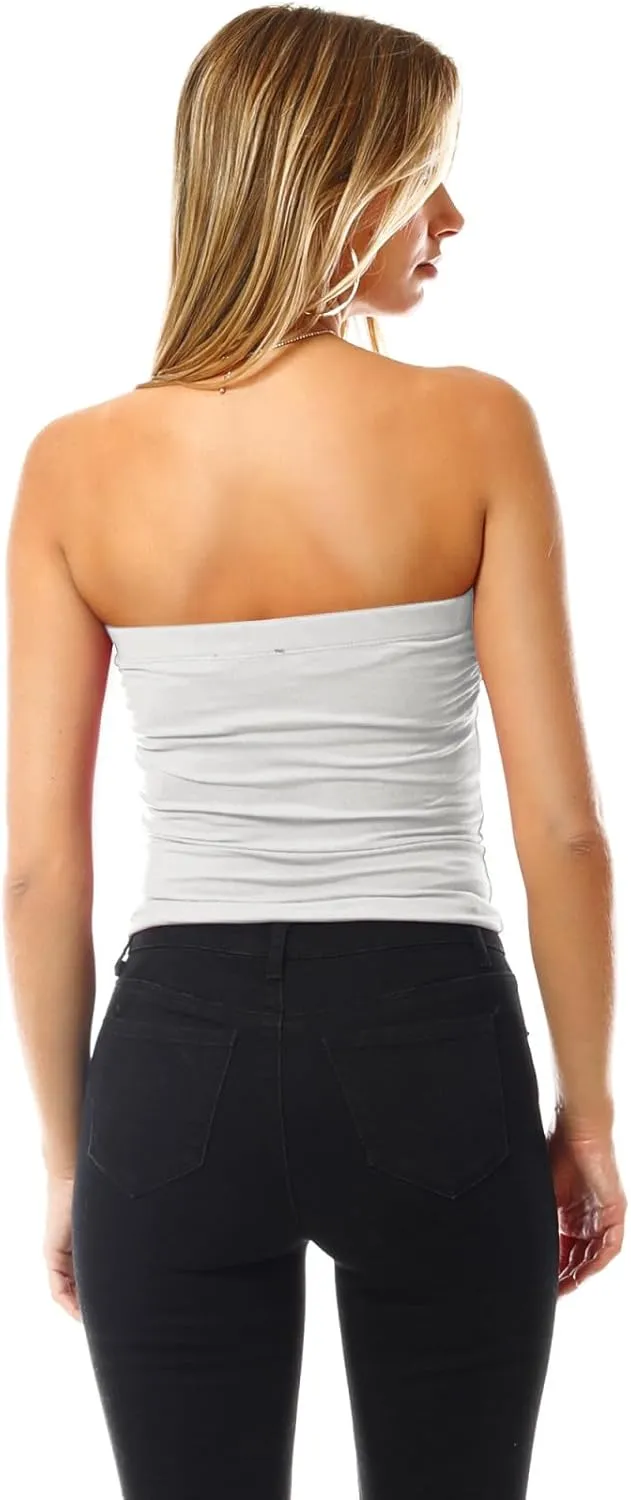 MixMatchy Women's 3 Pack Casual Summer Ruched Side Backless Double Layered Tube Top with Built in Shelf Bra