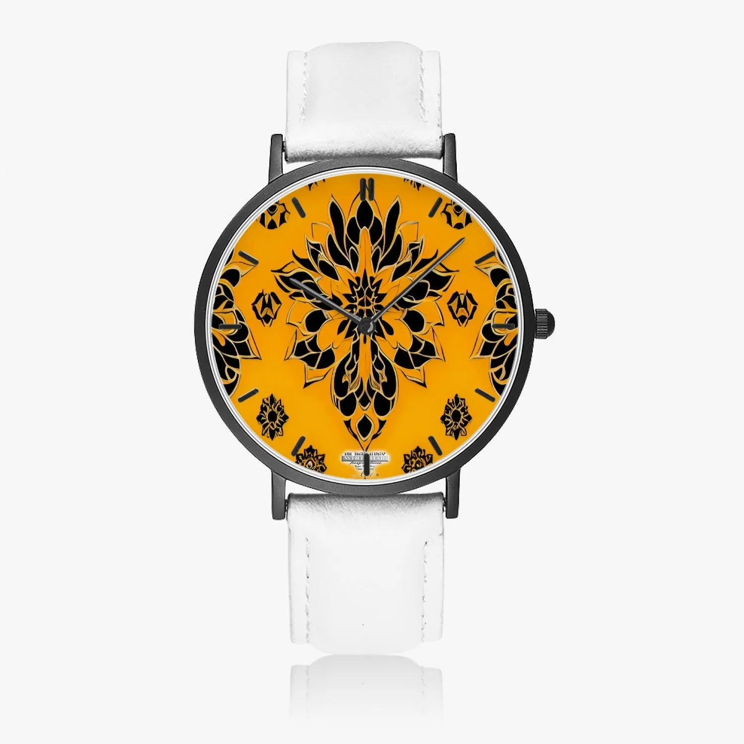 Orange and black royal pattern Hot Selling Ultra-Thin Leather Strap Quartz Watch (Black With Indicators)
