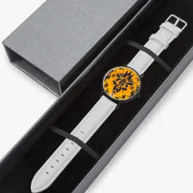 Orange and black royal pattern Hot Selling Ultra-Thin Leather Strap Quartz Watch (Black With Indicators)