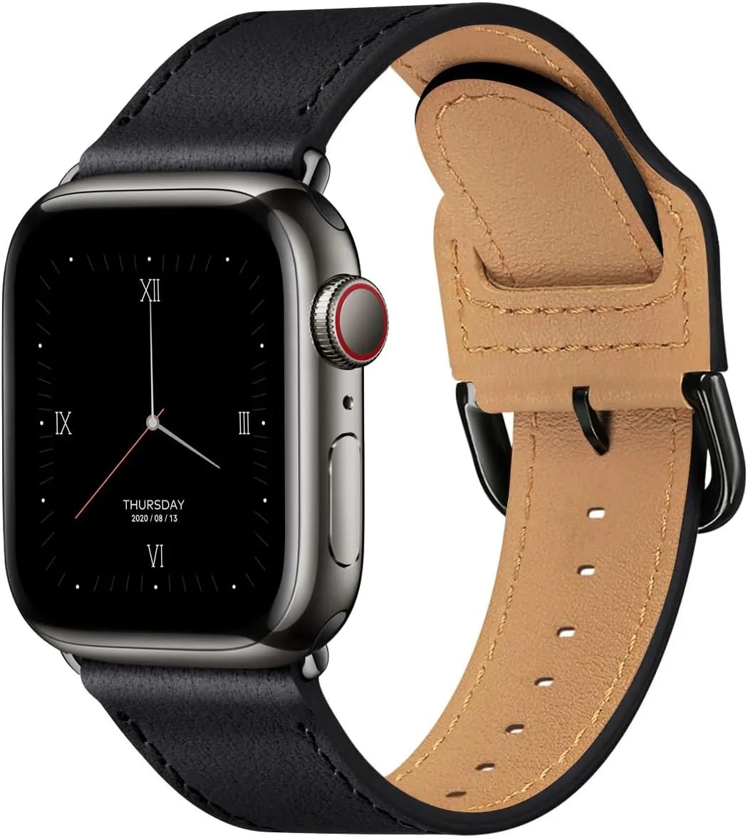 POWER PRIMACY Leather Bands Compatible with Apple Watch Band 38mm 40mm 41mm 42mm-Series 10,Genuine Leather Strap Compatible for Women Men iWatch SE Series 10 9 8 7 6 5 4 3 2 1(Black/Black)