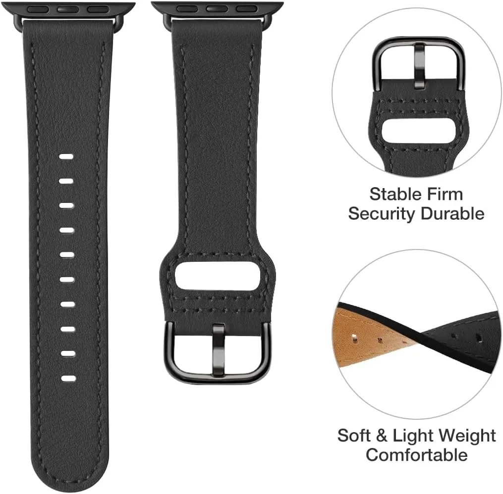 POWER PRIMACY Leather Bands Compatible with Apple Watch Band 38mm 40mm 41mm 42mm-Series 10,Genuine Leather Strap Compatible for Women Men iWatch SE Series 10 9 8 7 6 5 4 3 2 1(Black/Black)