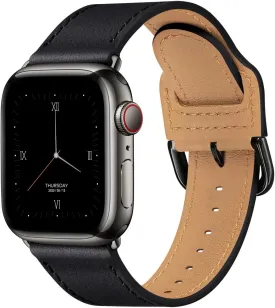 POWER PRIMACY Leather Bands Compatible with Apple Watch Band 38mm 40mm 41mm 42mm-Series 10,Genuine Leather Strap Compatible for Women Men iWatch SE Series 10 9 8 7 6 5 4 3 2 1(Black/Black)