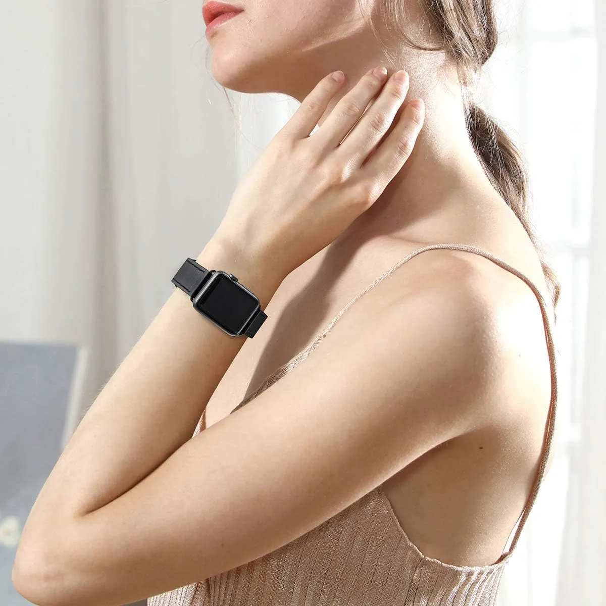 POWER PRIMACY Leather Bands Compatible with Apple Watch Band 38mm 40mm 41mm 42mm-Series 10,Genuine Leather Strap Compatible for Women Men iWatch SE Series 10 9 8 7 6 5 4 3 2 1(Black/Black)