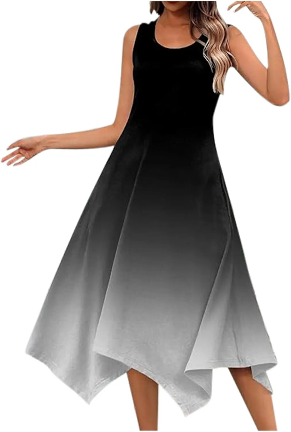 PTOLOCIF Summer Dresses for Women 2024 Sleeveless Swing Dress Casual Crewneck Boho Sundress Handkerchief Hem Tank Maxi Dress