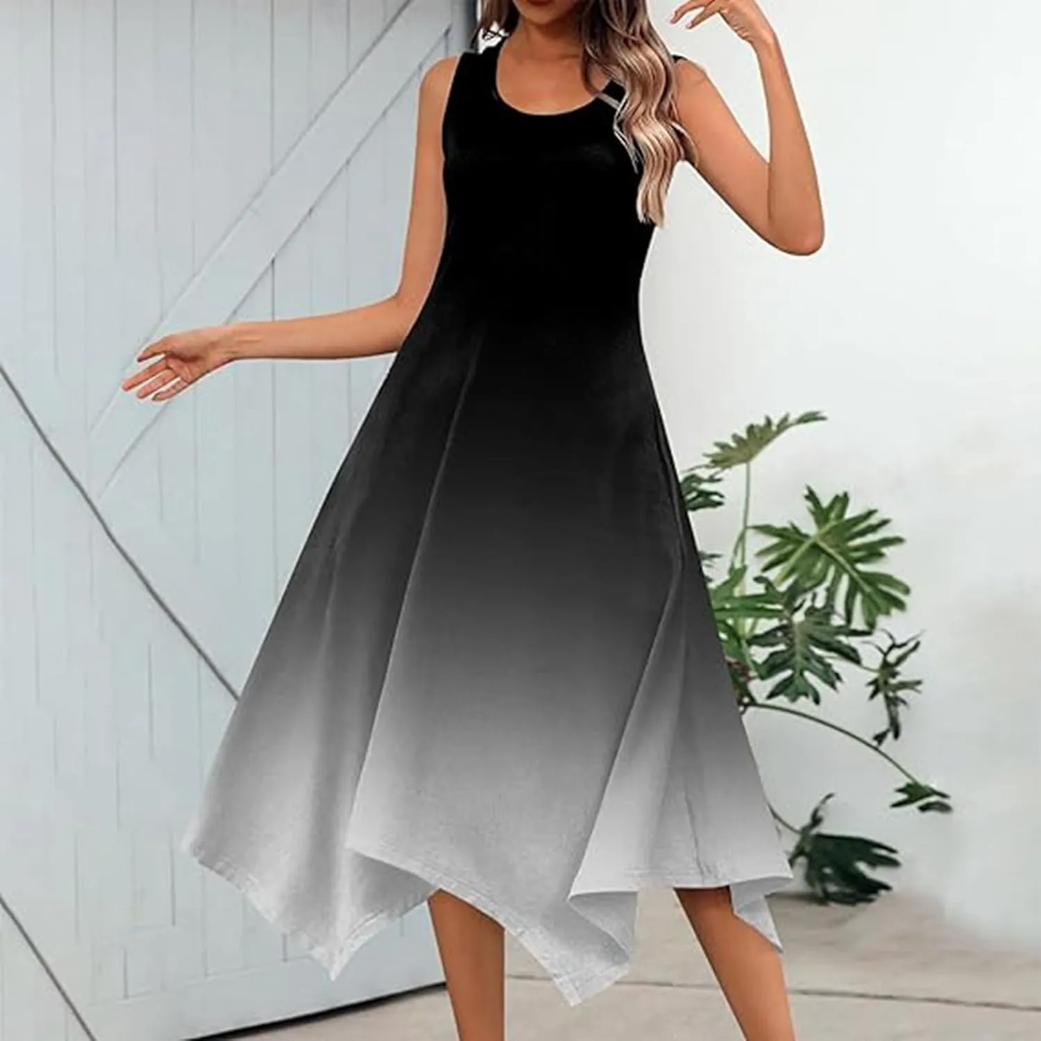 PTOLOCIF Summer Dresses for Women 2024 Sleeveless Swing Dress Casual Crewneck Boho Sundress Handkerchief Hem Tank Maxi Dress