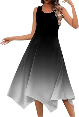 PTOLOCIF Summer Dresses for Women 2024 Sleeveless Swing Dress Casual Crewneck Boho Sundress Handkerchief Hem Tank Maxi Dress