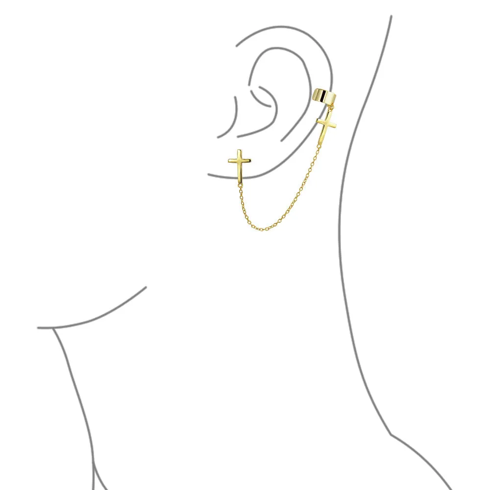 Religious Cross Ear Cuff Cartilage Earring Set 14K Gold Plated Sterling Silver