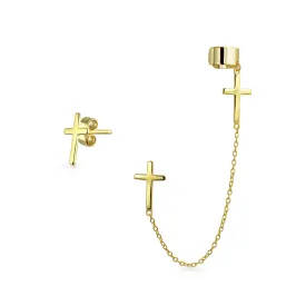 Religious Cross Ear Cuff Cartilage Earring Set 14K Gold Plated Sterling Silver