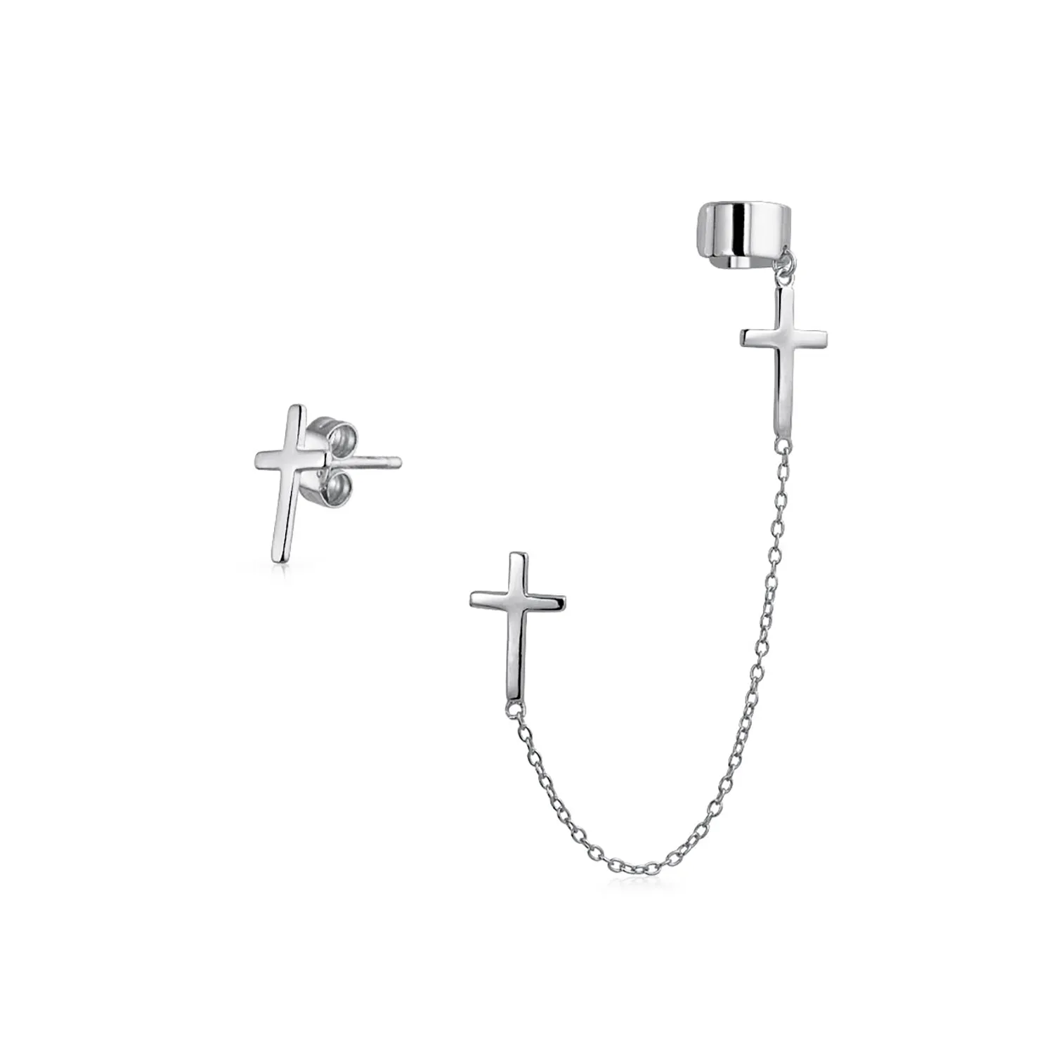 Religious Cross Ear Cuff Cartilage Earring Set 14K Gold Plated Sterling Silver