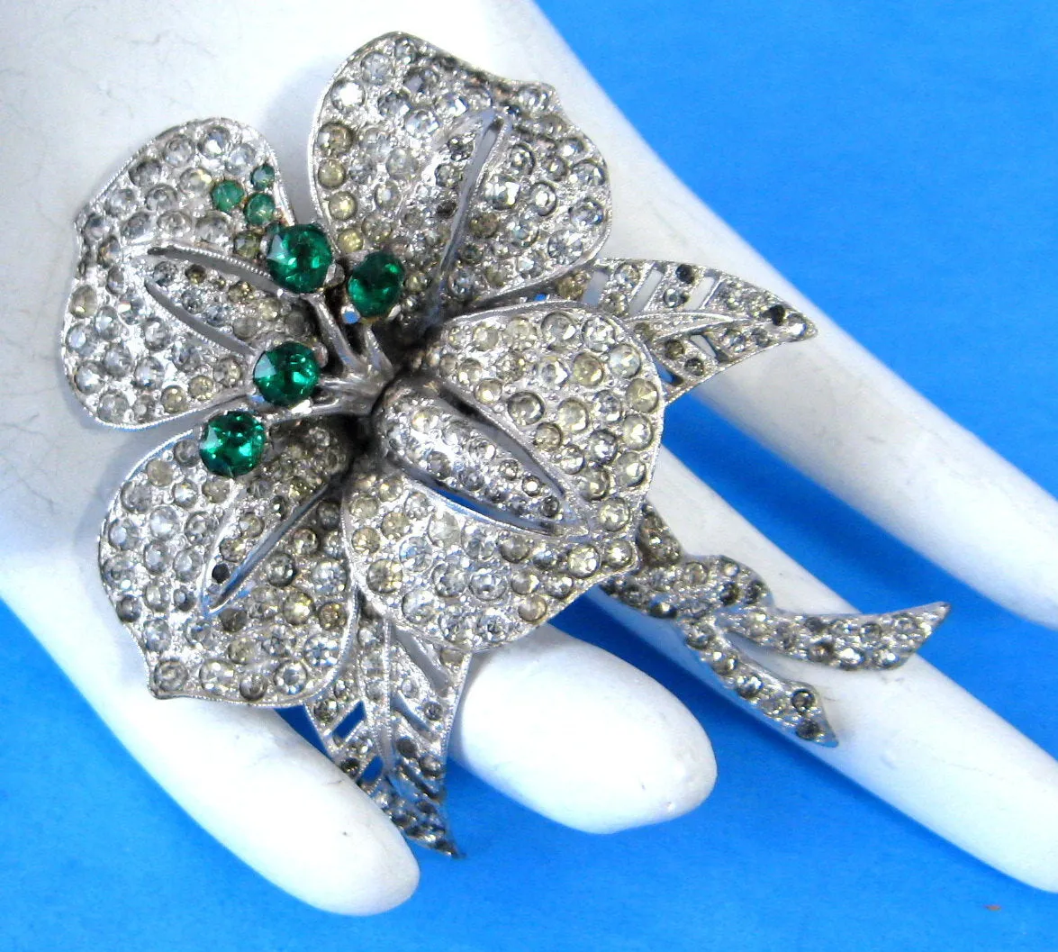 Rhinestone Flower Statement Brooch Pin 1930s Unsigned Staret Lily Faux Emeralds