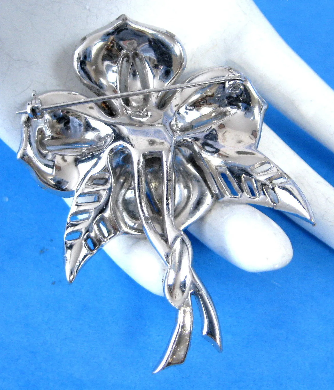 Rhinestone Flower Statement Brooch Pin 1930s Unsigned Staret Lily Faux Emeralds
