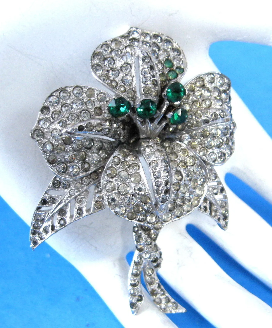 Rhinestone Flower Statement Brooch Pin 1930s Unsigned Staret Lily Faux Emeralds