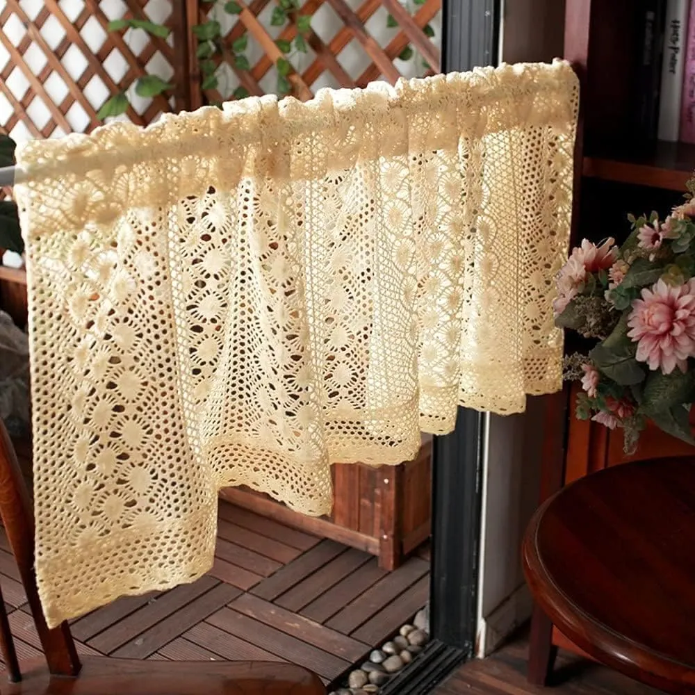 Rustic Boho Curtain Valance for Kitchen Window Farmhouse Handmade Crochet Curtain Tiers for Coffee Decor Room Divider Rod Pocket Hollow Short Lace Curtains for Bathroom Closet 1 Panel W39 X L17 Inch