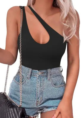 SAUNGKUAI Women's Sexy One Shoulder Sleeveless Cutout Thong Bodysuit Tank Top Body Suits V Backless Tummy Control Shapewear