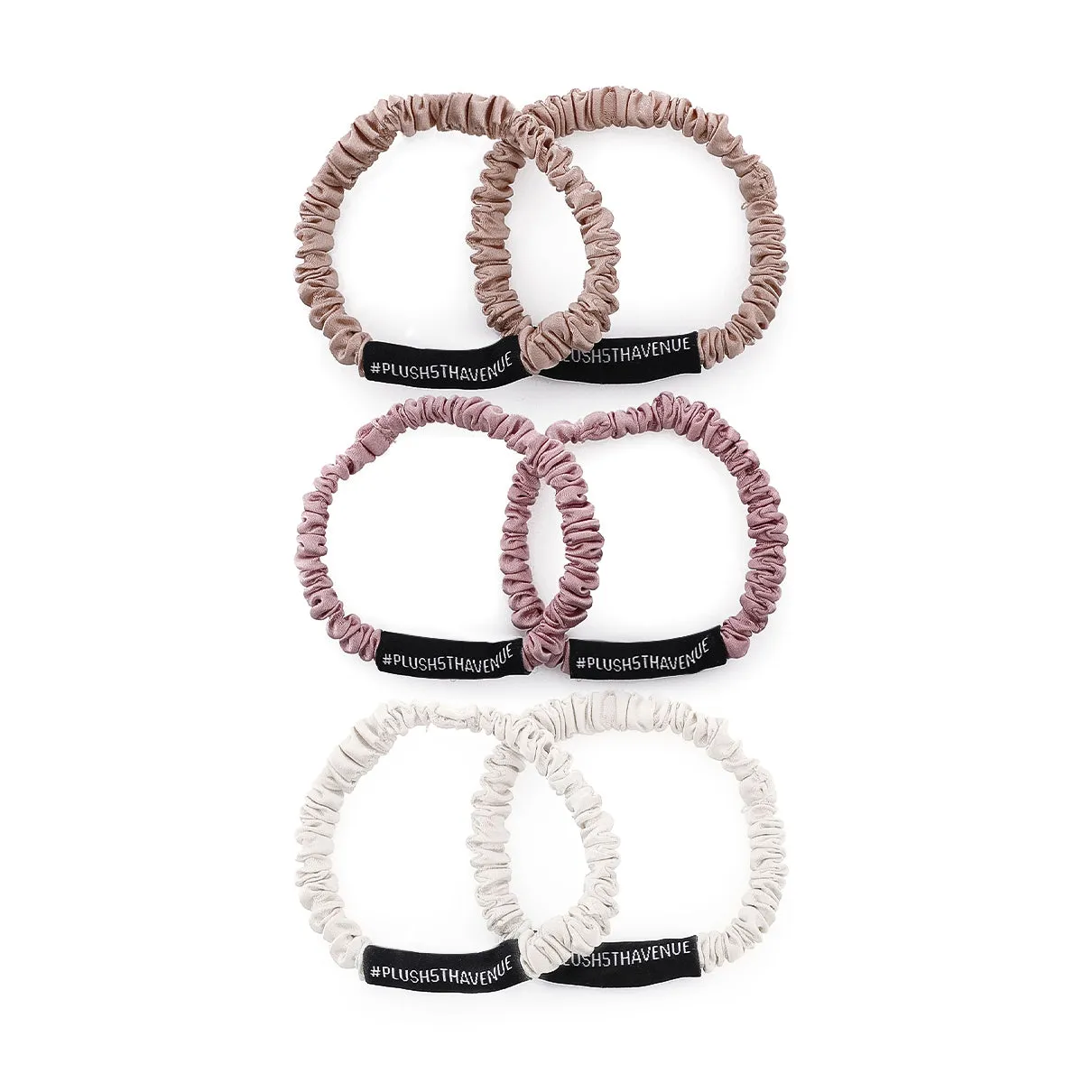 Skinny Silk Scrunchies Set - 6 pcs-Pink,Ivory,Champagne