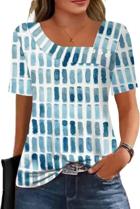 Soesdemo Womens Summer Tops Asymmetrical Neck Short Sleeve Button Dressy Casual Lightweight Tunic T Shirts Blouse
