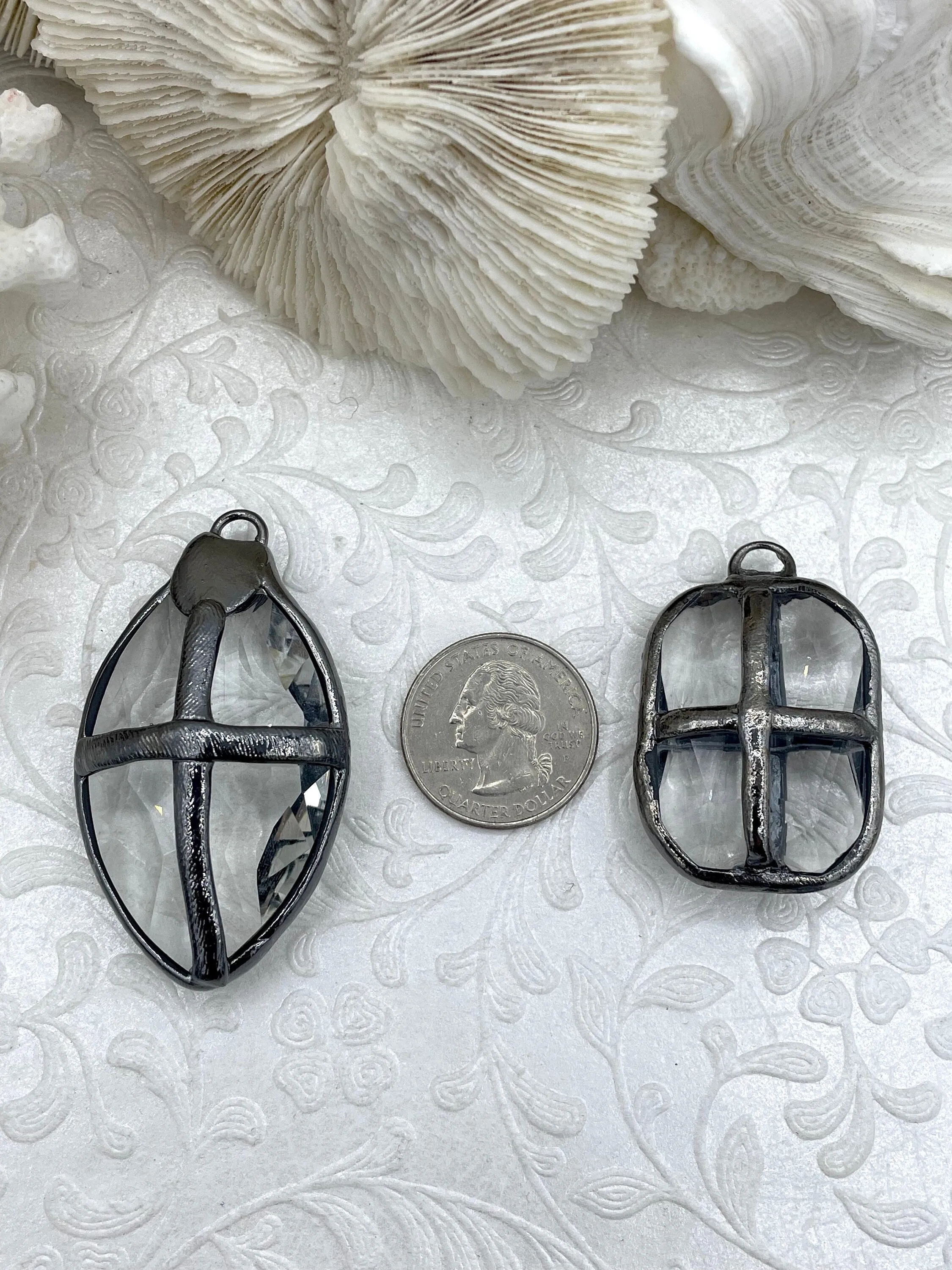 Soldered Crystal Pendants and charms. Cross Soldered Charm, 4 Styles of Pendants, 2 colors of soldering, Clear Crystal. Fast Shipping