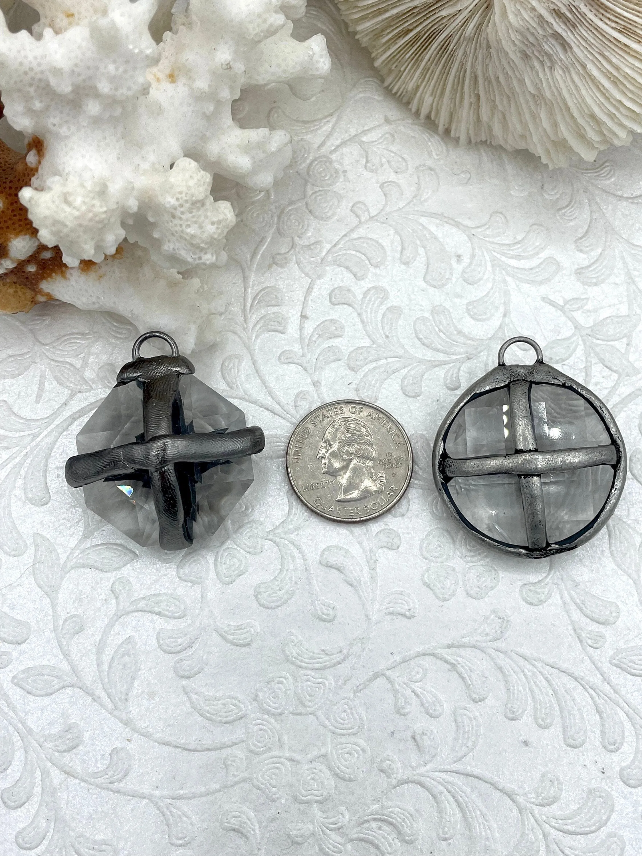 Soldered Crystal Pendants and charms. Cross Soldered Charm, 4 Styles of Pendants, 2 colors of soldering, Clear Crystal. Fast Shipping