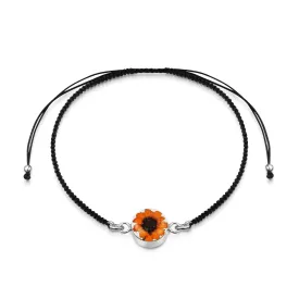 Sterling Silver black woven bracelet with flower charm - Sunflower - Round