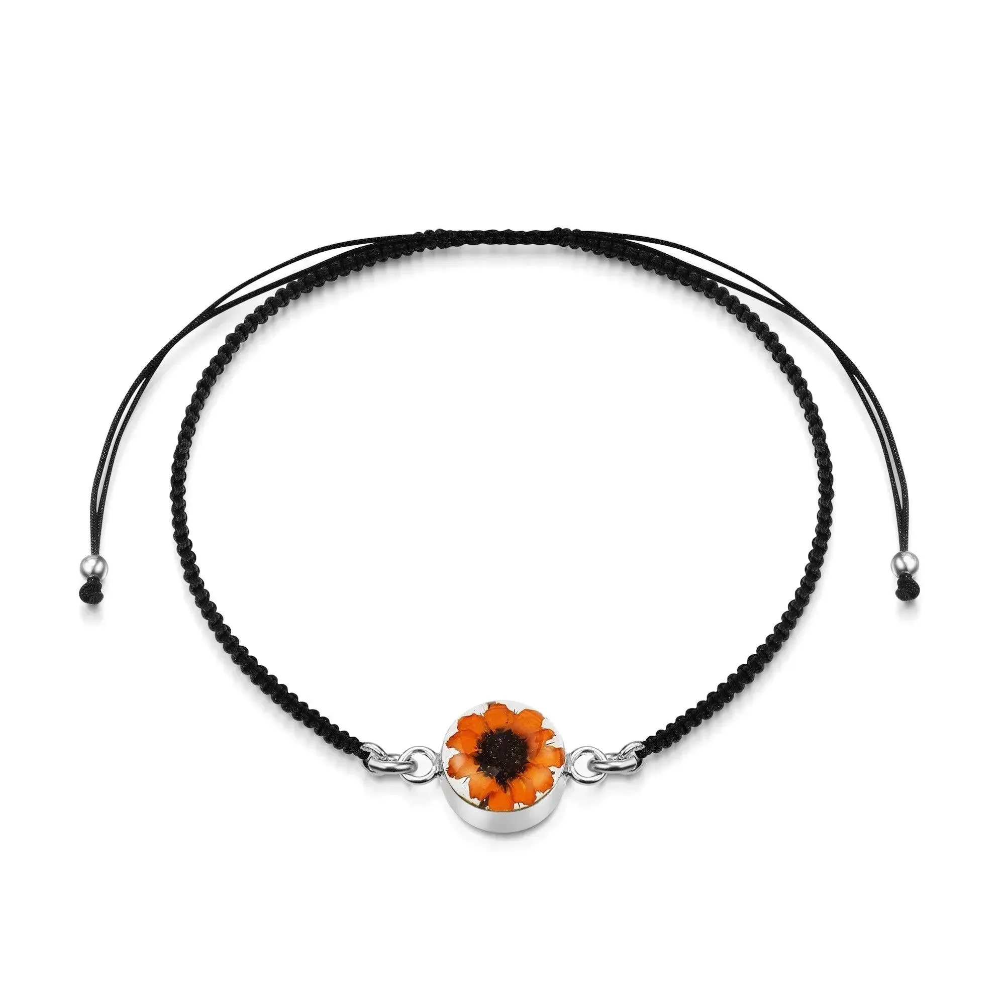 Sterling Silver black woven bracelet with flower charm - Sunflower - Round