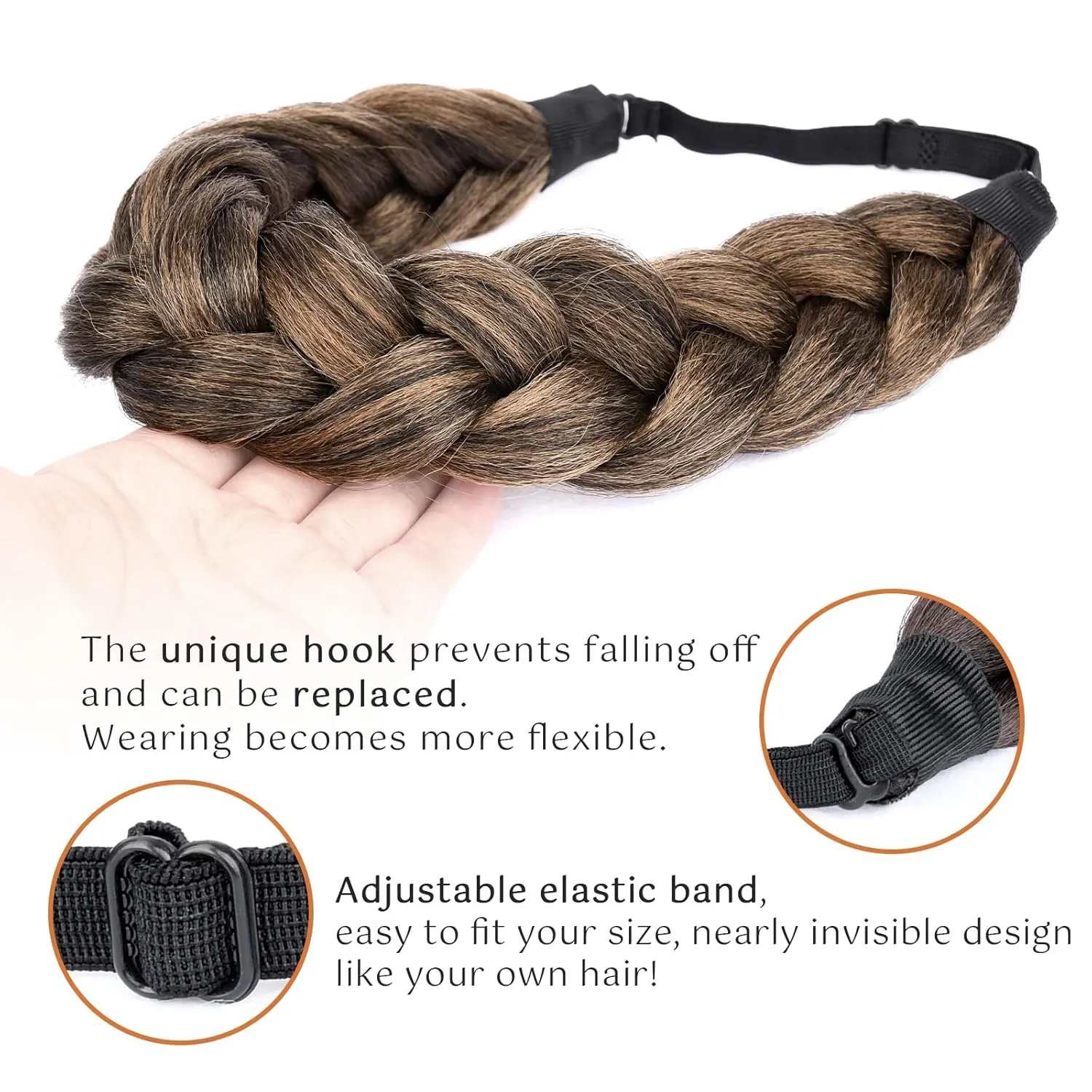 Thick Shaggy fluffy Wide 2 Strands Synthetic Hair Braided Headband Chunky Plaited Braids Elastic Stretch Hairpiece for Women Girl Kinky Straight (Auburn)