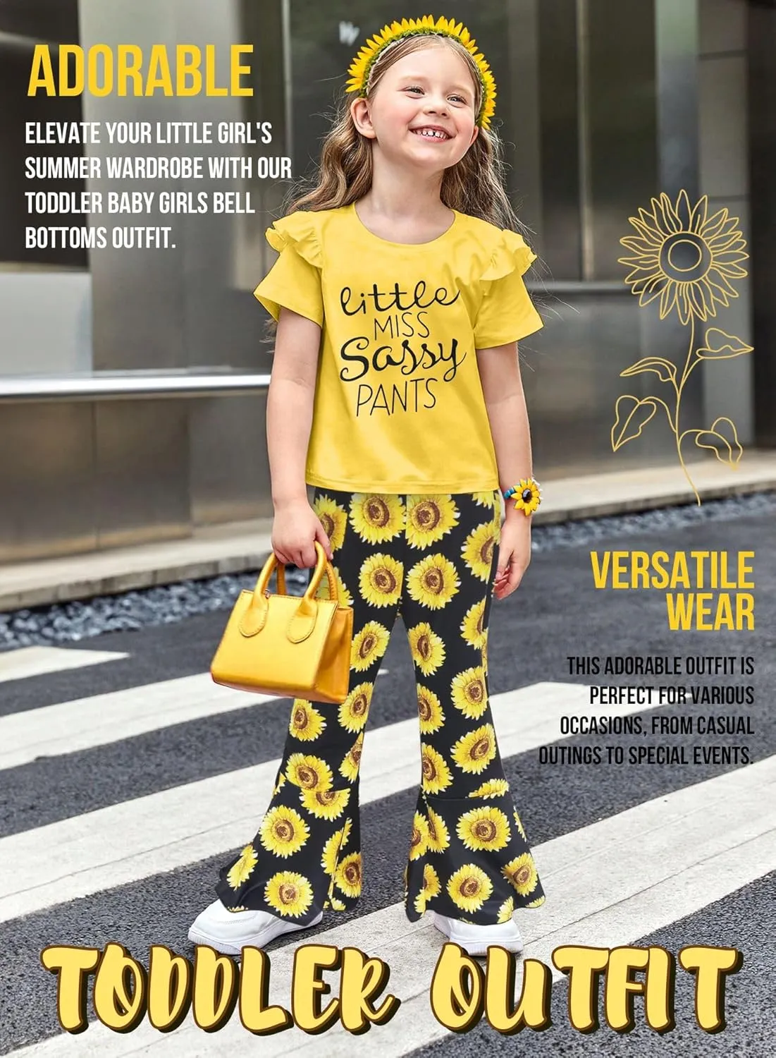 Toddler Baby Girls Bell Bottoms Outfit - Cute Summer Clothes Letter Print Ruffle T-Shirt Top Floral Flared Pant Set