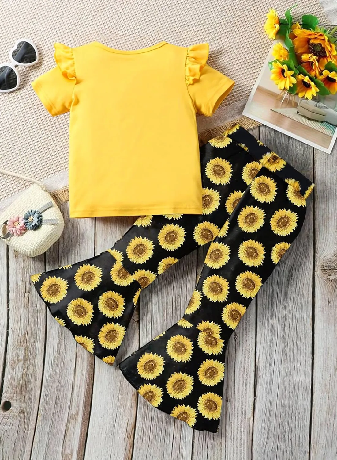 Toddler Baby Girls Bell Bottoms Outfit - Cute Summer Clothes Letter Print Ruffle T-Shirt Top Floral Flared Pant Set