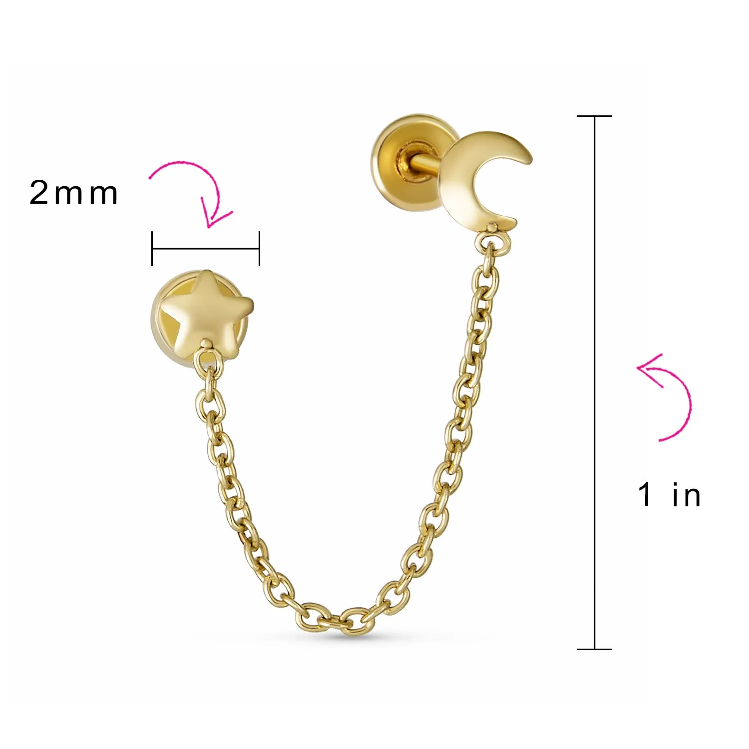 Unisex 10K Gold Ear Cuff Cartilage Double Piercing Chain Moon & Star Earring