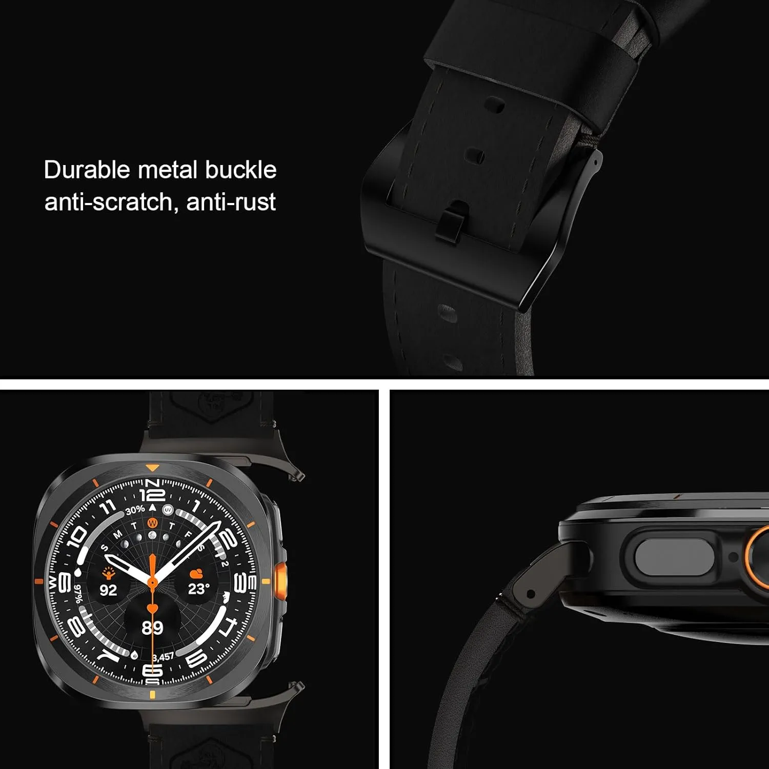 Vintage Leather Band Compatible with Samsung Galaxy Watch Ultra Band 47mm (2024), 24mm Wide Crazy Horse Leather Strap for Galaxy Watch Ultra Men Black
