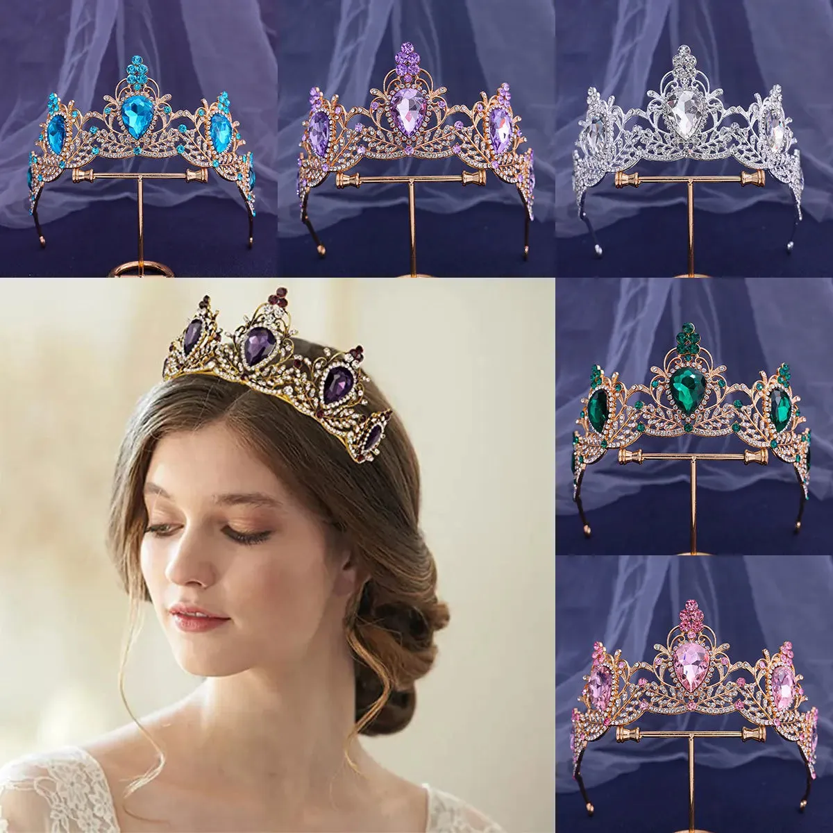 Water Drop Crystal Rhinestone Tiara Crown Party Princess Hair Accessories