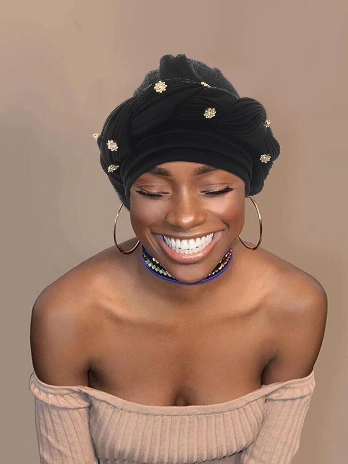 Woeoe Women African Turban Pre-Tied Twisted Beanie Cap Headwear Rhinestone Soft Stretchy Head Turbans
